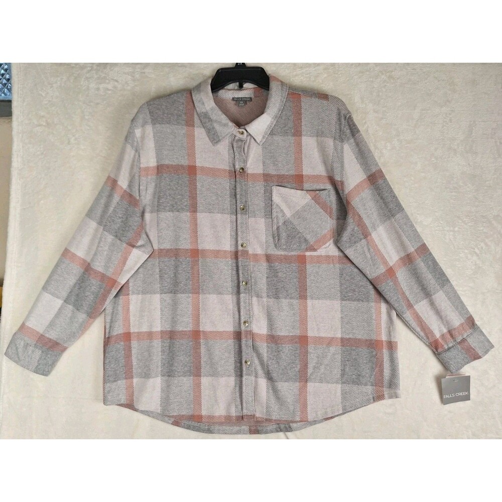 Falls Creek Womens 2X Gray Pink Long Sleeve Button Shirt Pockets Plaid Soft NWT